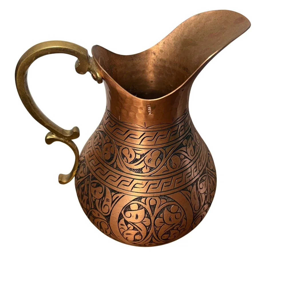 DEMMEX Engraved Turkish Copper Pitcher Handmade Ewer Vessel‎ Vase Folk moroccan